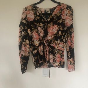 CAD floral tie waist peplum button blouse M